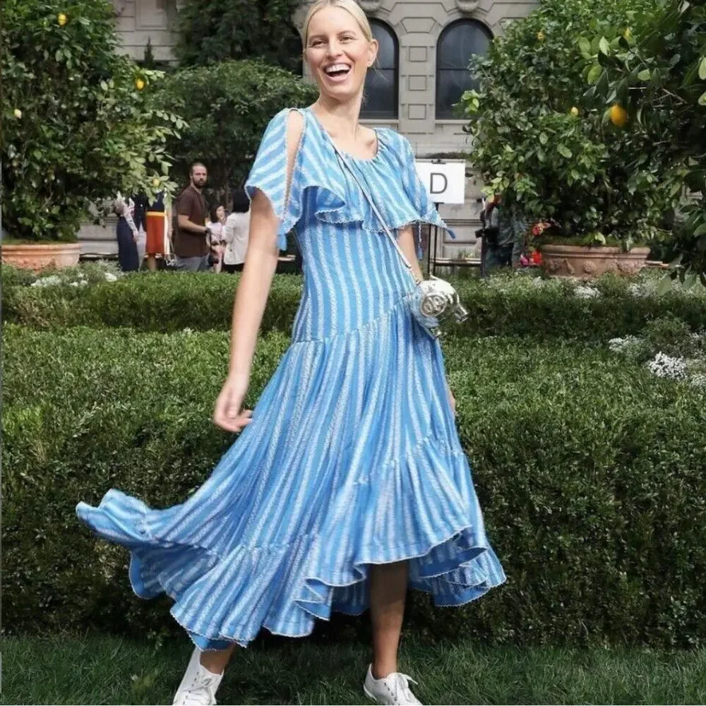 Tory Burch Runway 2019 Blue Embroidered Floral Striped Scoop Neck Midi Dress M